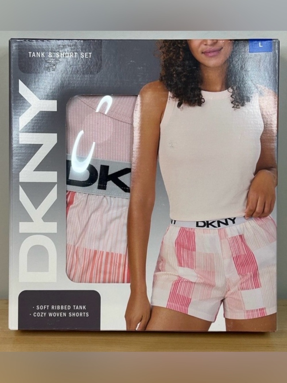 DKNY Ribbed Tank & Pink White Plaid Shorts Pajama Set L NWT Gift Box